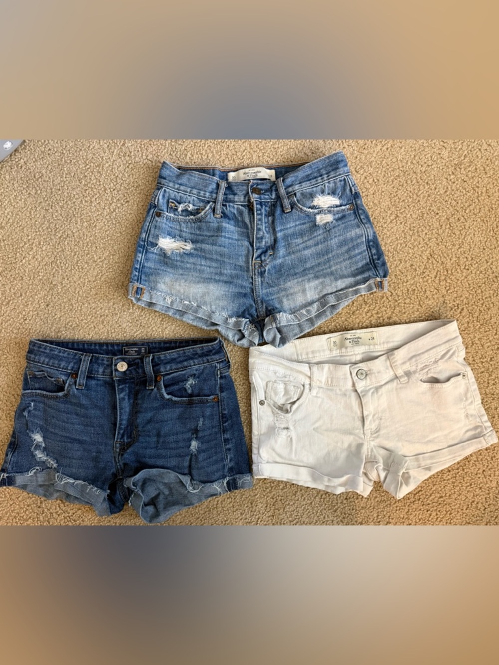 Abercrombie & Fitch Trio of Denim Shorts in Light Blue, Dark Blue & White
